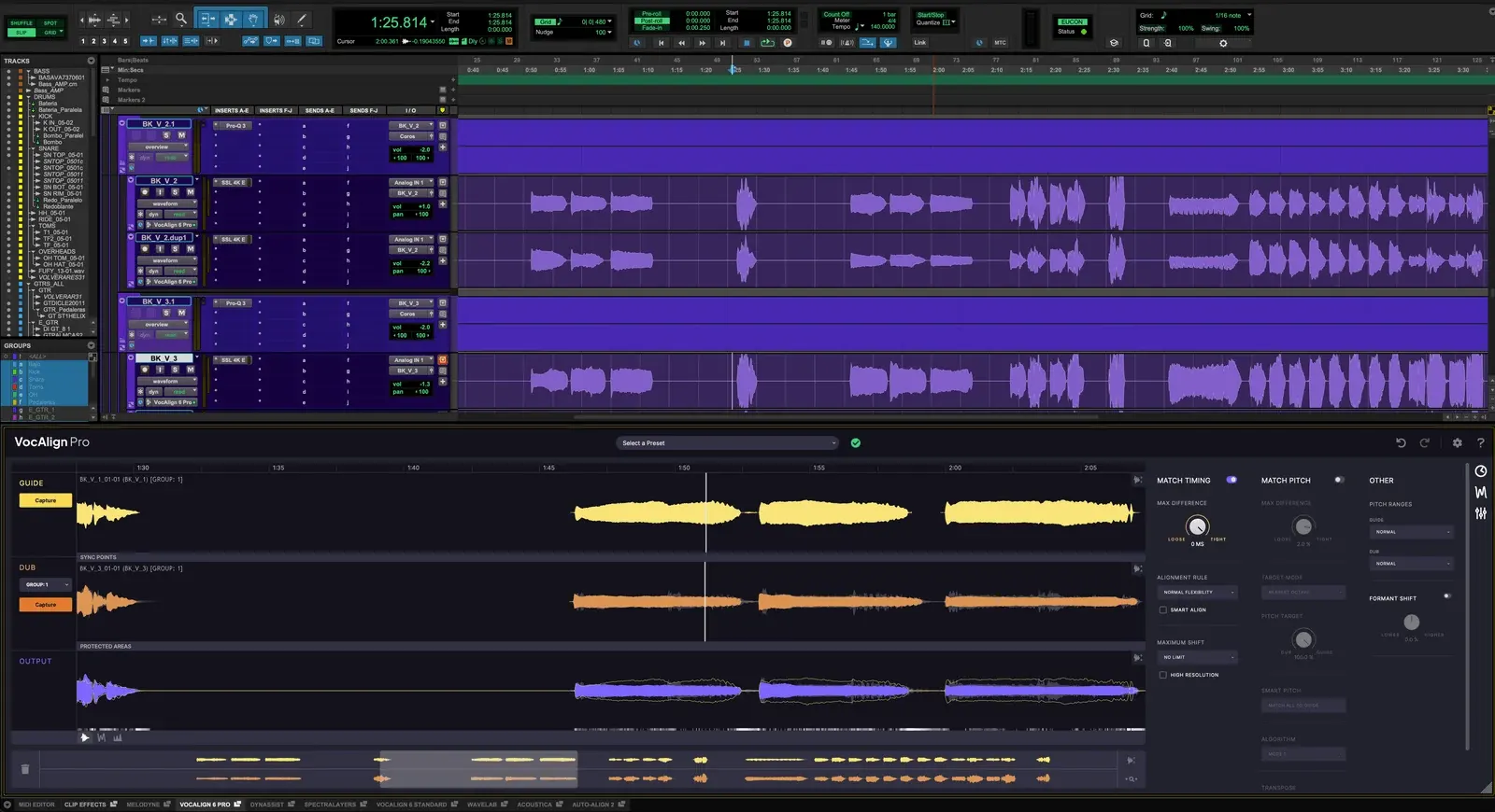 Tomas vocales alineadas y editadas en Pro Tools